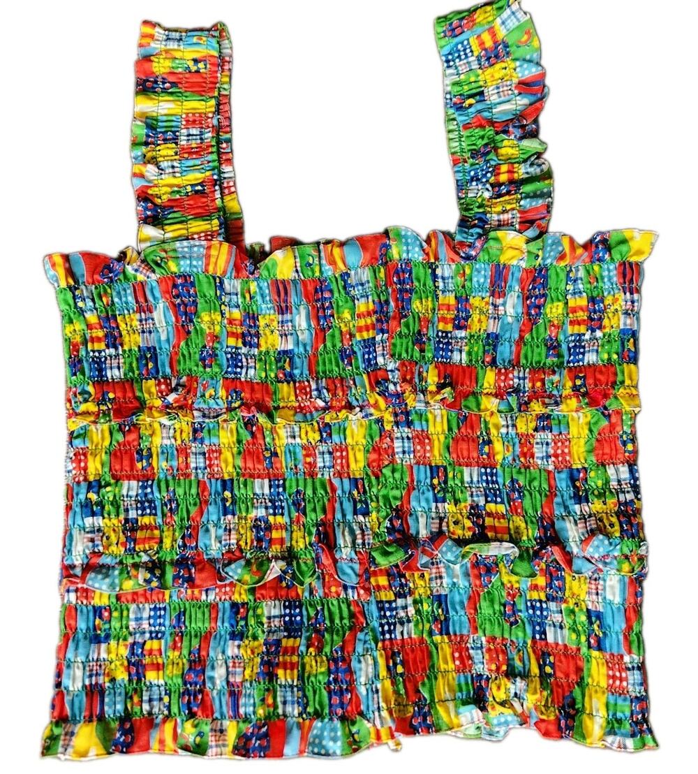 Boho Hippie 70s Patchwork Tank Top Halter Smocked sz L Strappy Stretchy Colorful